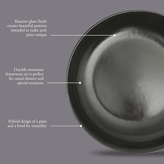 Gibson Elite Beckett 4-Piece 9 Inch Dinner Plate Bowl Set – Reactive Glaze Stoneware – Shallow Serving Pasta Bowls (Blate) – Round Wide-Rim Design – Microwave & Dishwasher Safe - Black