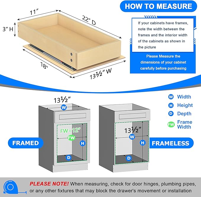 WelFurGeer Soft Close Pull Out Cabinet Organizer, 11" W x 22" D Cabinet Roll Out Drawers, Space-Saving Cabinets Organizer with Easy Installation, Bottom Mount Pull Out Drawers for Kitchen Cabinets