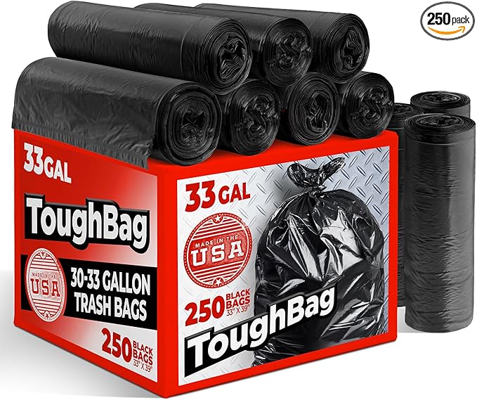 ToughBag 30-33 Gallon Trash Bags Heavy Duty, 32 x 38" Black Garbage Bags (250 COUNT) – 30+, 32 Gallon Trash Bags - Made In USA