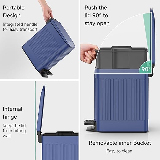 TIPGO Slim Bathroom Trash Can with Lid Soft Close, Step Pedal, 6 Liter / 1.6 Gallon Stainless Steel Trash Bin, Small Garbage Cans for Bedroom, Office, Kitchen (Blue)