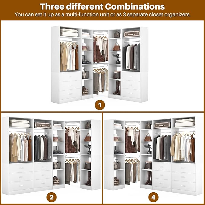 Corner Closet System with 6 Drawers, Closet Organizer System with 14 Shelves & 4 Hanging Rods, 87.2"L * 39.2"W / 63.2"L * 63.2"W Reversible L Shaped Walk-in Closets, Load 2500+LBS, White