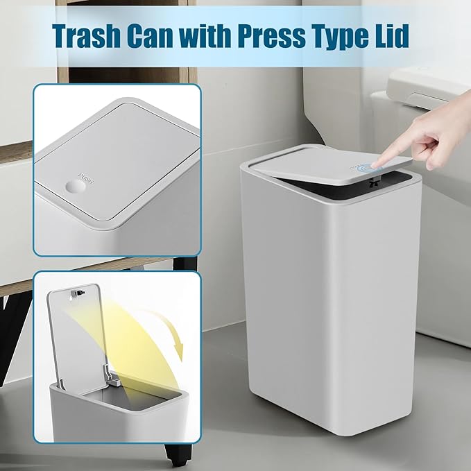 TIPGO Bathroom Trash Can with Lid, 10 Liter/ 2.6 Gallon Slim Garbage Can, Small Trash Bin Waste Basket with Pop-Up Lid for Kitchen, Bedroom, Living Room, Office (2 Pack, Grey)