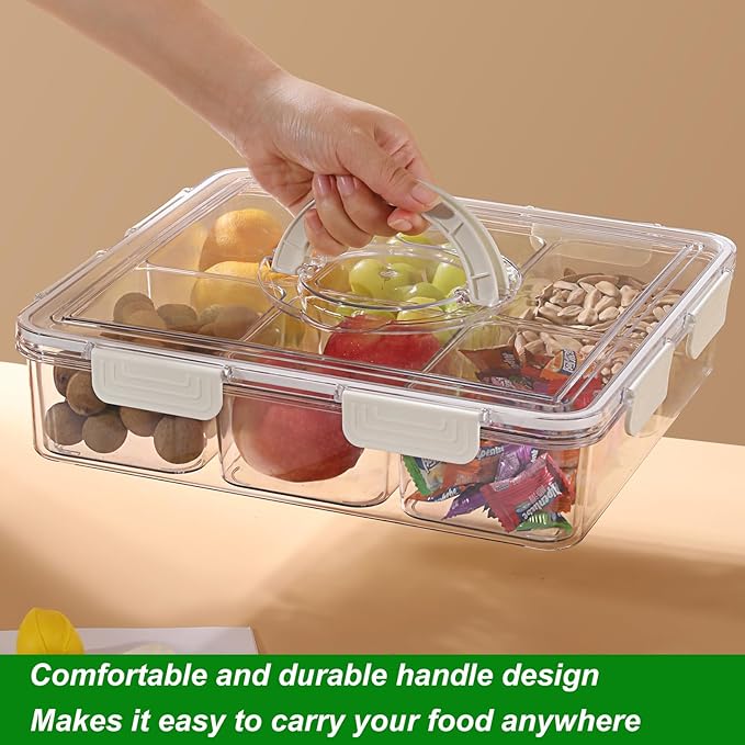 Taiuloo Divided Serving Tray with Lid & Handle, Airtight 6 Compartment Snackle Box Charcuterie Container, Fridge Organizer Bins, Food Storage Container Veggie Tray for Snack, Fruit, Candy, Nuts