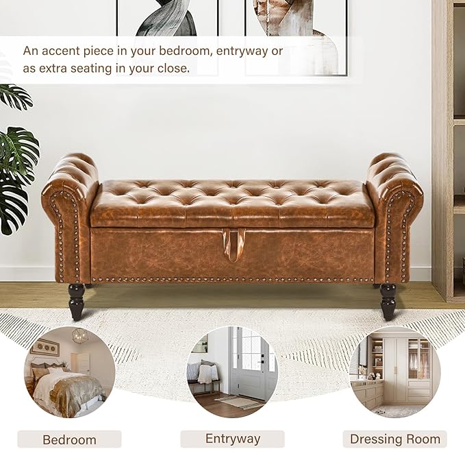 Furnimart Storage Bedroom Bench for End of Bed, Faux Leather Upholstered Storage Ottoman with Rolled Arms for Bedroom,Living Room, Entryway, 2.5Cubic Feet