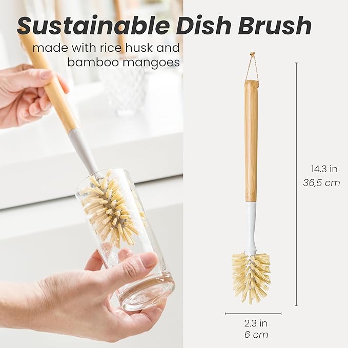 Vigar Zeroline 13.9" Long Bamboo Dish Brush, Ideal Dish Brush for Cups, Wine Glass, Tumbler, Blender Bottles, and Glass Water Bottles for The Kitchen