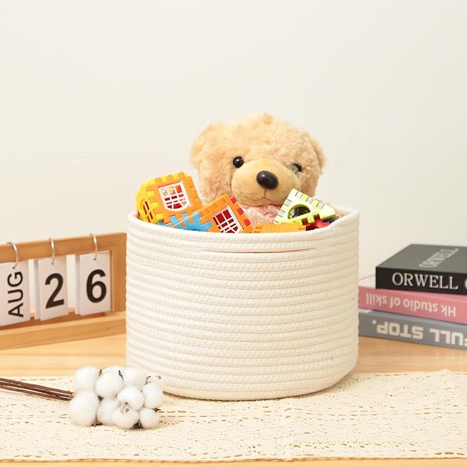Small Basket for Organizing | Cube Shelf Closet Storage Baskets | 9.7×9.7×7.1” | Woven Rope Gift Basket | Nursery | Round 3 Packs Off White