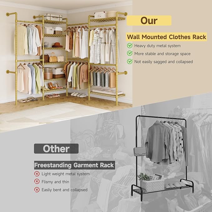 ONBRILL L4 Wall Mounted Industrial Pipe Clothing Rack, Closet Organizer System with 6 Hanging Clothes Rods ( 4 Expandable Rods) & 8 Shelves, Heavy Duty Corner Garment Rack, Large Wardrobe - Gold