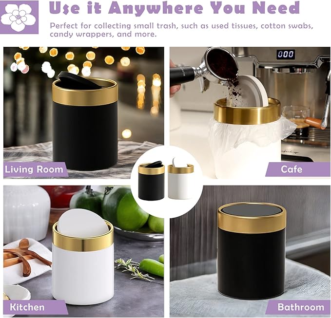 Mini Trash Can with Lid, Metal Small Tiny Mini Trash Bin Can, Mini Countertop Trash Cans for Desk Car Office Kitchen, Swing Top Trash Bin 1.5 L/0.40 Gal (White)