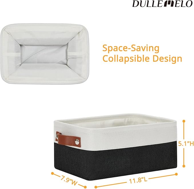 DULLEMELO Small Storage Bin, Collapsible Rectangular Fabric Basket for Organizing, Shelves, Closets, Nursery, Home, Office, Empty Gift Basket (White&Black)