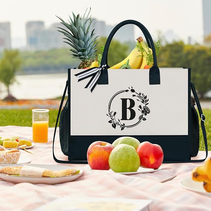 TOPDesign Personalized Initial Canvas Tote Bag, for Wedding, Birthday, Beach, Perfect Gifts for Women, Mom, Teachers, Friends