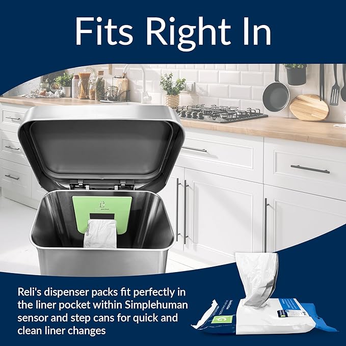 Reli. SuperFit Code G (120 Count) | Compatible with Simplehuman Code G | Dispenser Pack Custom Fit Liners | Drawstring Trash Bags | 30 Liter / 8 Gallon | White