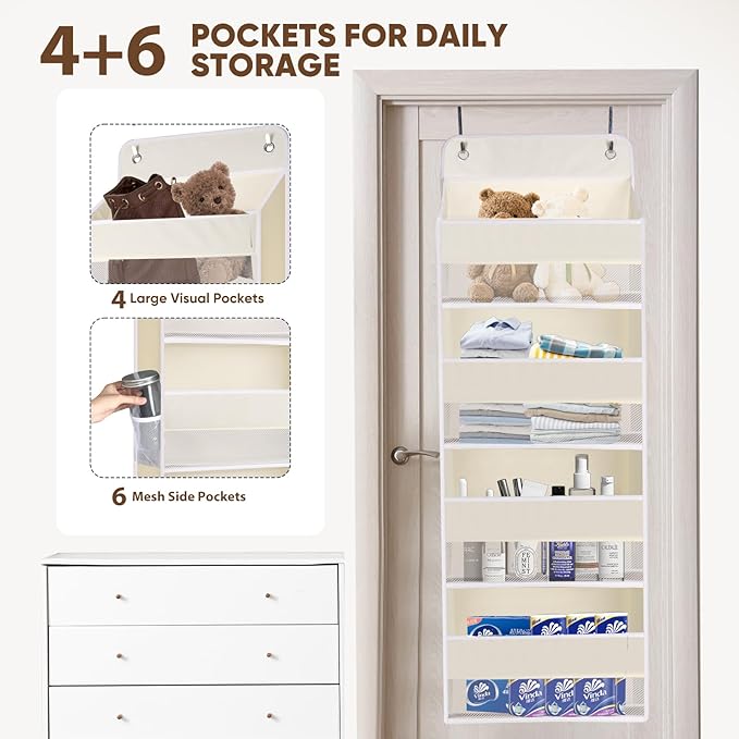 QINGUANG Over The Door Organizer,Hanging Organization and Storage, Behind Door Organizer with Side Pockets, 35 lbs Capacity,Anti Tilt, for Nursery, Bathroom, Bedroom,Dorm 4-Shelf Beige