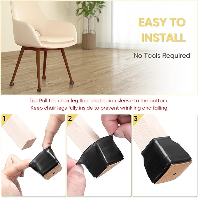 BALEINE 16 Pack Silicone Chair Leg Floor Protectors, Stool Leg Protectors Cap, Non-Slip Chair Leg Caps for Hardwood Floors (Black & Small (Square), 16 Pack)