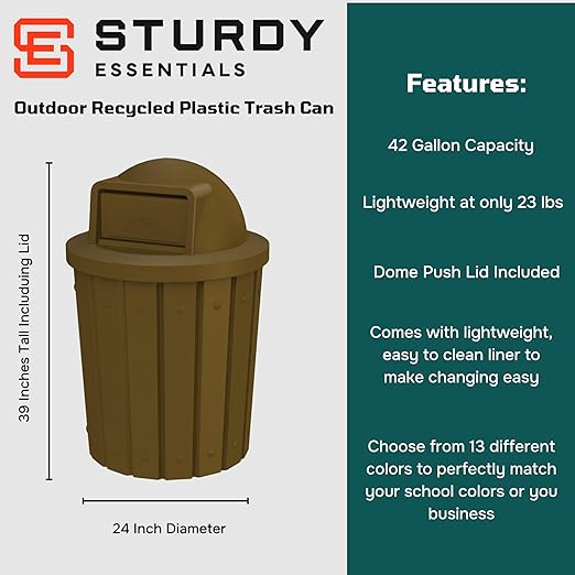 42 Gallon Slated Circle 100% Recycled Plastic Heavy Duty Outdoor Trash Can with Push Open Dome Lid and Internal Liner - Great for Schools and Businesses - Brown