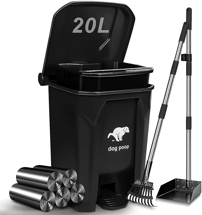 Dog Poop Trash Can Outside with Pooper Scooper, 20L/5Gal Dog Waste Trash Can with Lid, Pedal and Removable Inner Bin, Pet Poop Bin with Metal Rake & Tray and 100 Bags