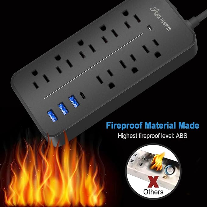 25FT Flat Plug Surge Protector - 8 Outlet & 3 USB Port (A & C) Power Strip Extension Cord, Wall Mountable Desk Power Strip for Home Office - Black - ETL Listed
