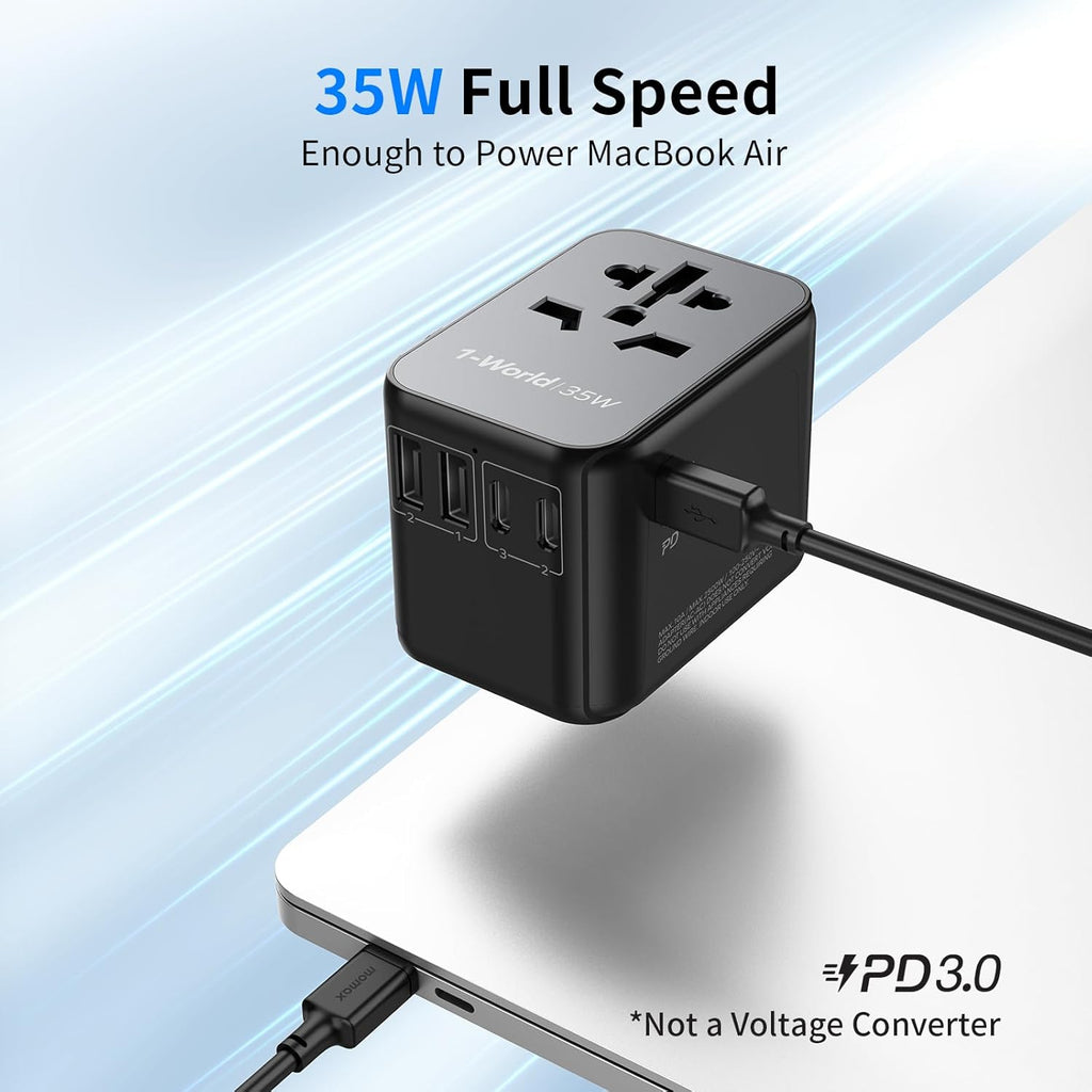 MOMAX Universal Travel Adapter, PD 35W Fast International Power Adapter, 3 USB C & 2 USB A, Worldwide Travel Plug Adapter, International Power Adapter for Europe, USA, Japan, Australia (Type C/A/G/I)