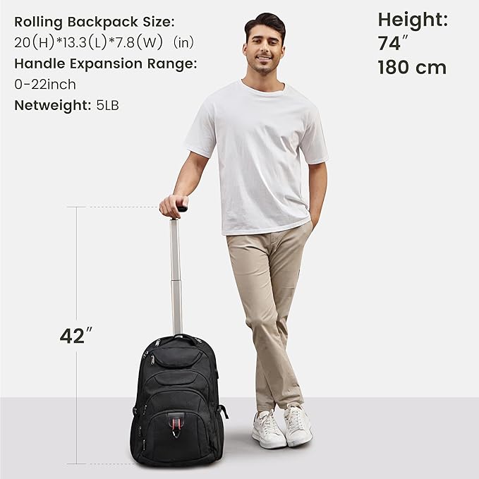 Boavan Rolling Backpack,17 inch Water Resistant Wheeled Backpack,Carry on Luggage Business Bag, Overnight College Computer Trolley Suitcase for Men Women Adults to Travel，Black