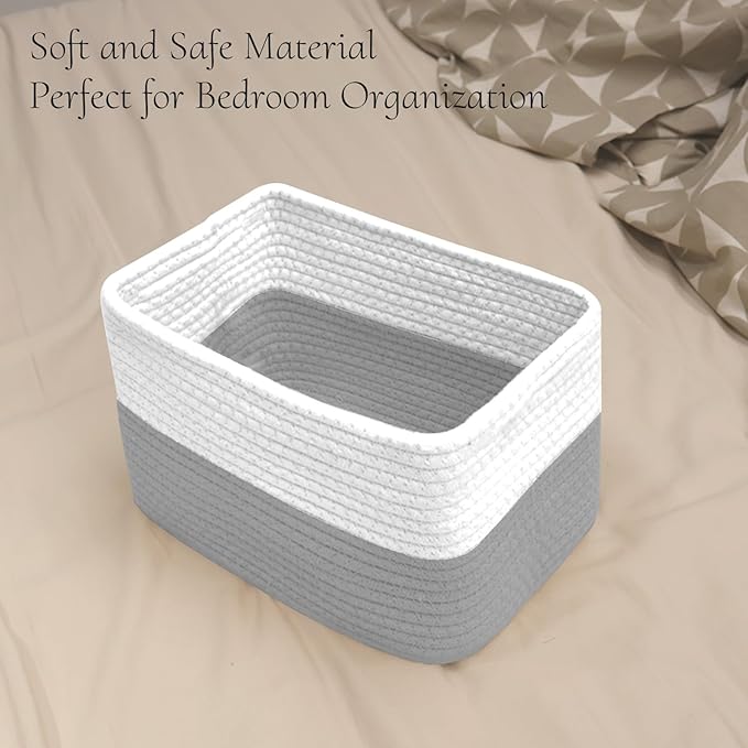 Hopegiver Woven Storage Baskets 11x8x7 Inch, 3 Pack Collapsible Cube Storage Bin for Shelves - Foldable Cotton Rope Organizer Bins for Towels, Toys, Books, Closet, Nursery (White Gray)