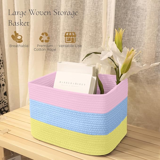 Hopegiver Woven Storage Baskets 15x11x10 Inch, 1 Pack Collapsible Cube Storage Bin for Shelves - Foldable Cotton Rope Organizer Bins for Towels, Toys, Books, Closet, Nursery (Pink Blue Yellow)