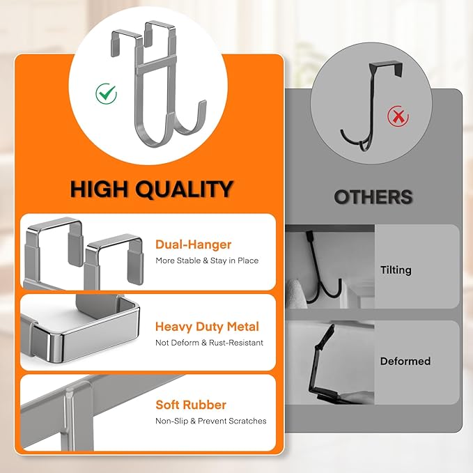 FYY Over The Door Hooks - 2 Pack Heavy Duty Dual-Hook Organizer Hanger with Non-Slip Rubber for Towels, Clothes, Hats & Bags Use in Bathroom, Bedroom, Kitchen - Fits Interior Doors Up to 1 3/8" Grey