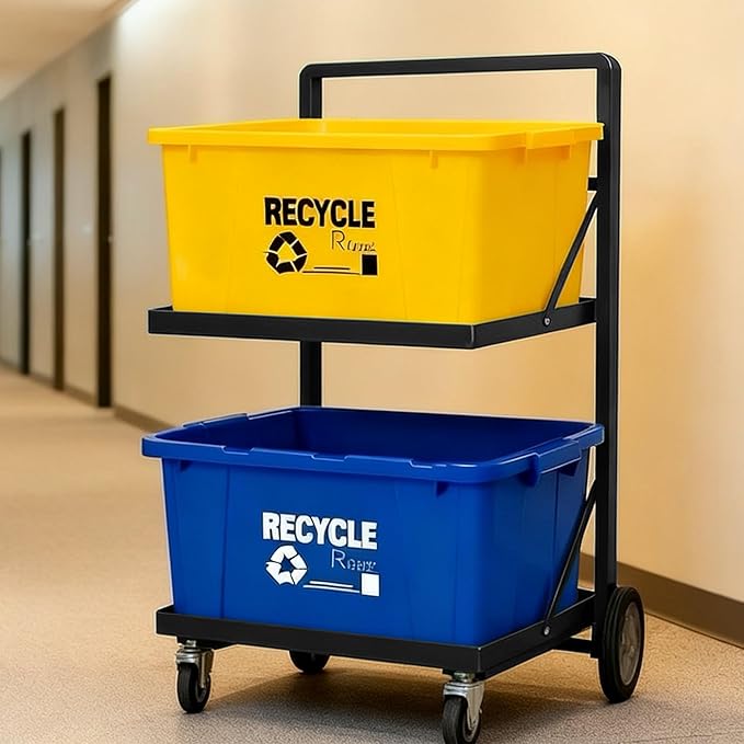 Recycling Cart,2-Tier Recycle Bin Cart with Wheels,Holds up to 140 Lbs,Rolling Utility Organizer for Garbage Sorting,Warehouse and Garage (Black)