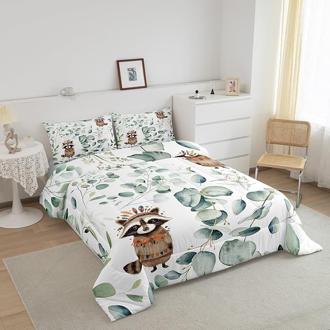 Erosebridal Cute Raccoon Bedding Full Size for Kids Child Green Eucalyptus Comforter Set Full, Woodland Animal Duvet Insert Plant Leaves Quilt Comforter, Cartoon Wildlife Bedding Comforters & Sets