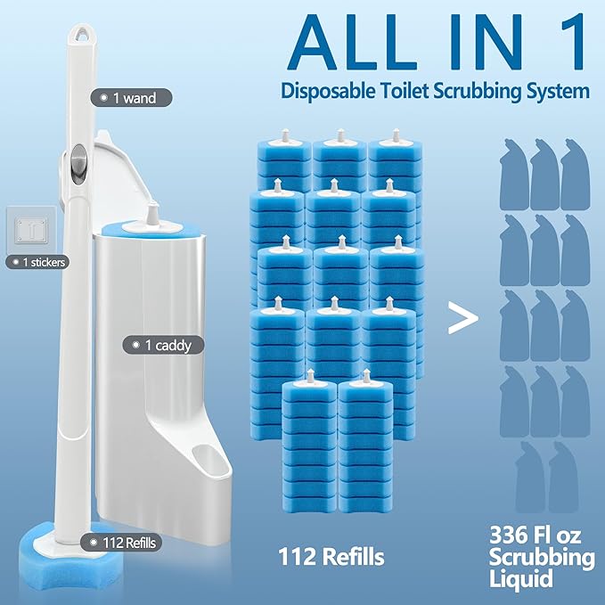 Disposable Toilet Brush with 112 Refills, Toilet Bowl Wand and Holder, White Toilet Cleaning Brush, Toilet Bowl Wand Kit Wall-mounted, Toilet Brush Refill for Efficient and Deep Scrub Toilet.
