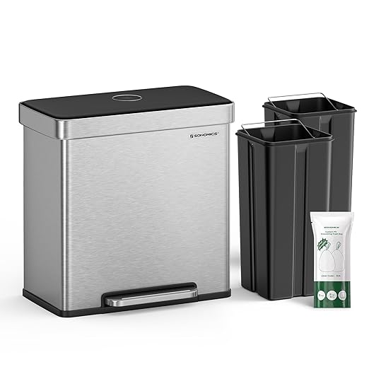 SONGMICS Kitchen Trash Can, 16 Gallon (2 x 8 Gallon) Dual Compartment Garbage Can, 60L Pedal Recycling Bin, Stays Open and Soft Close, Stainless Steel, 15 Bags Included, Metallic Silver ULTB202E01