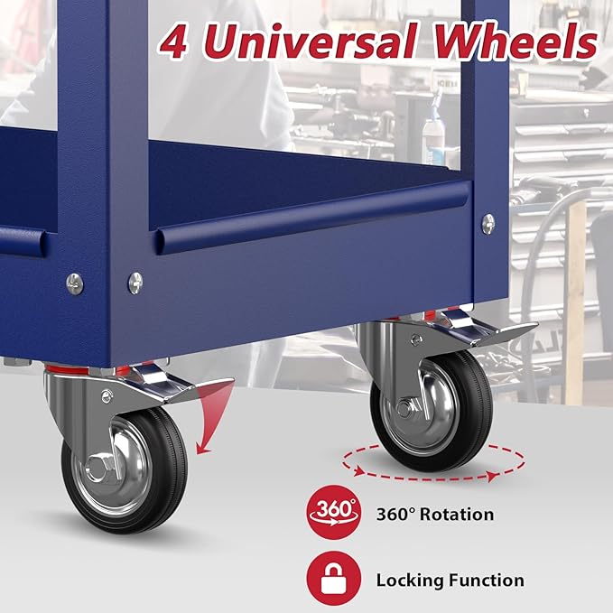 3 Tier Rolling Tool Cart on Wheels, Heavy Duty Service Cart Industrial Utility Cart with Drawer and Screwdriver Rack Pegboard, 550 LBS Mobile Tool Storage Organizer for Garage, Workshop (DARKBLUE)