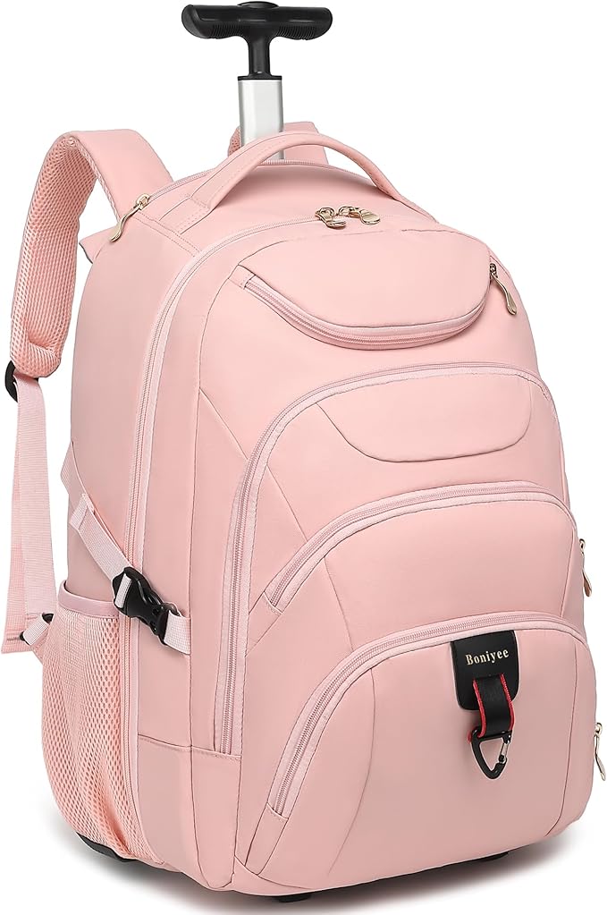 Boavan Rolling Backpack for Women, 17.3 Inch Wheeled Laptop Backpack,Large Travel Carry-On Bag for Teachers College Students, USB Charging Port Waterproof Business for Airplane Overnight Luggage，Pink