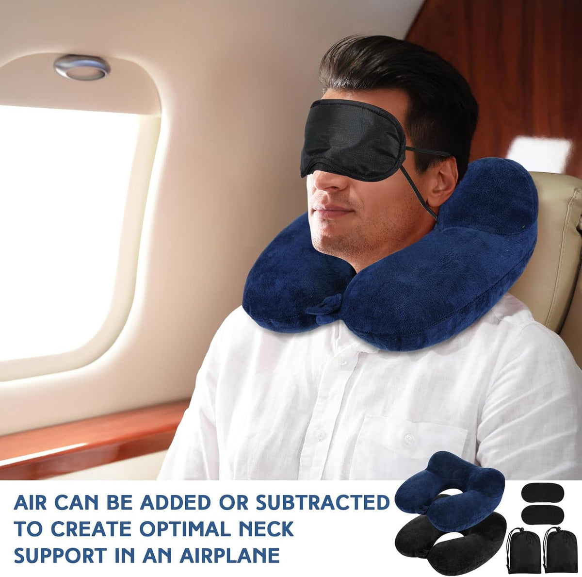 Sintuff 2 Pack Inflatable Travel Pillow for Airplanes Inflatable Neck Flight Pillows with Compact Bag and Blindfold for Traveling, Airplane, Train, Car, Office(Black and Blue)