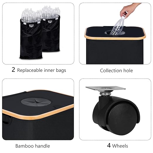 Recycling Bin for Kitchen, Indoor Home Recycle Bins with Wheel, 29 Gallons Large Recycling bin with 2 Removeable Reusable Inner Bags, for Bottles Cans Glass Plastice Cartons(Black)