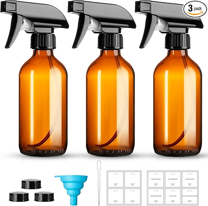 8oz Amber Glass Spray Bottles,3 Pack Glass Spray Bottles Refillable Empty Bottle with Adjustable Nozzle,Spray Bottle for Essential Oils,Cleaning Solutions,Pets,Hair Mister,Gardening