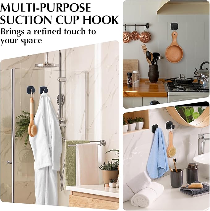 Suction Cup Hooks for Shower - Reusable No-Drill Mounting - Hooks for Towels, Robes & Loofah on Metal, Glass, Mirrors, Tile & Smooth Non-Porous Surfaces (4, Matte Black)