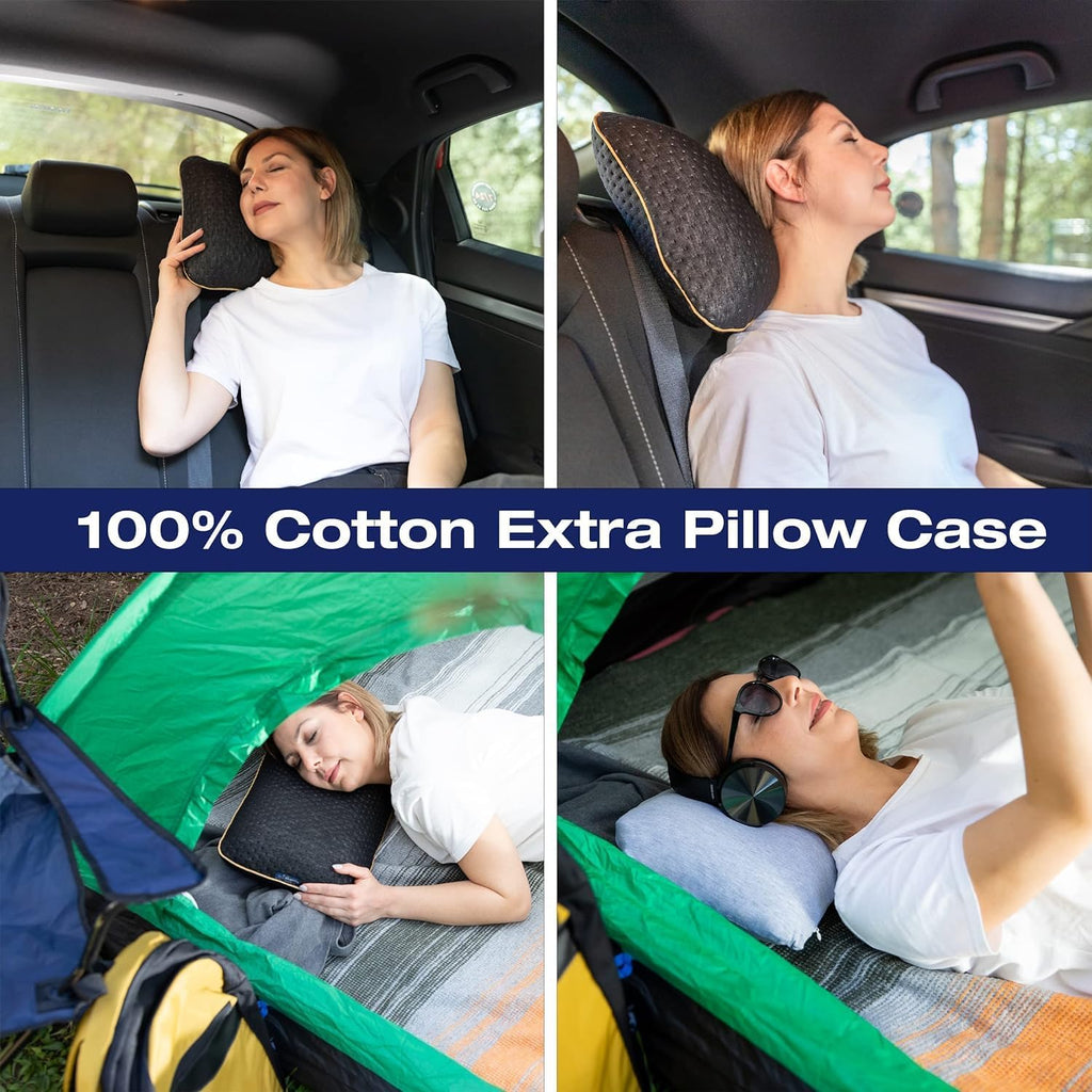Travel & Camping Comfortable Memory Foam Pillow – Easy to Carry Portable Bag – Temperature Regulating Pillow Case (Black + Extra Cover)