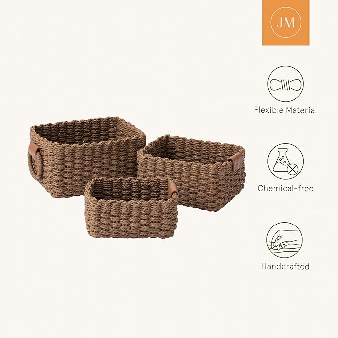 LA JOLIE MUSE Woven Storage Baskets, Recycled Paper Rope Bin Organizer Divider for Cupboards Drawer Closet Shelf Dresser, Set of 3 (Brown)