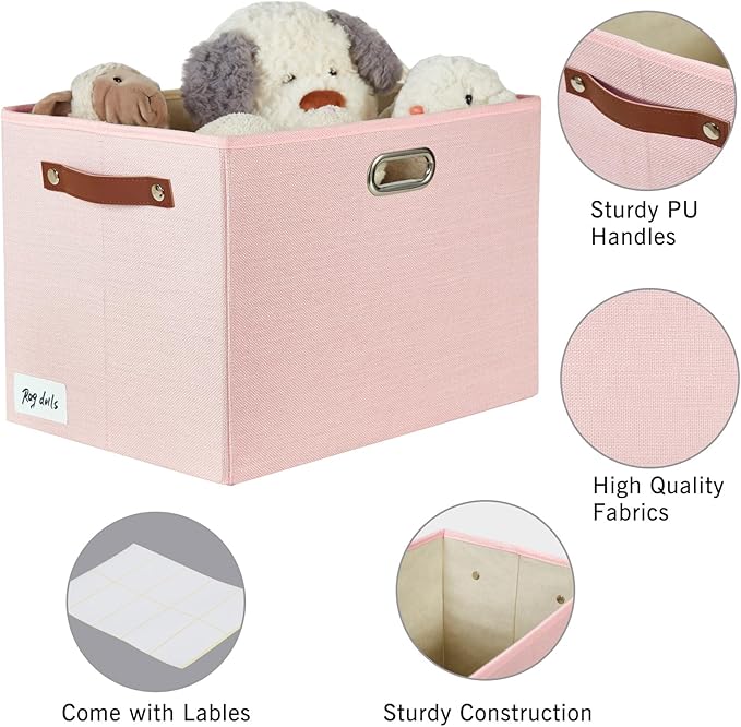3-Pack Foldable Fabric Storage Bins with Durable PU & Metal Handles, Collapsible Storage Baskets for Shelves, Home Storage, Closet Organizers, Living Room(17"x11.8"x11.8", Pink)