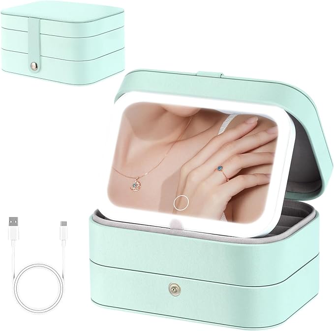 Travel Jewelry Case with LED Lighted Mirror, Personalized Birthday Gifts for Women Girls Kids, 2-Layer Portable Travel Jewelry Organizer, Travel Essentials (Cyan Blue)