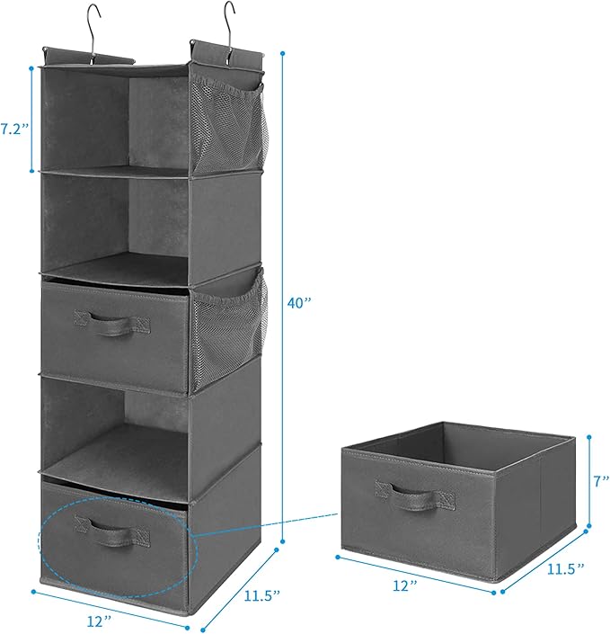 MAX Houser 5 Tier Shelf Hanging Closet Organizer, Cloth Hanging Shelf with 2 Sturdy Hooks for Storage, Foldable (Grey-D2)
