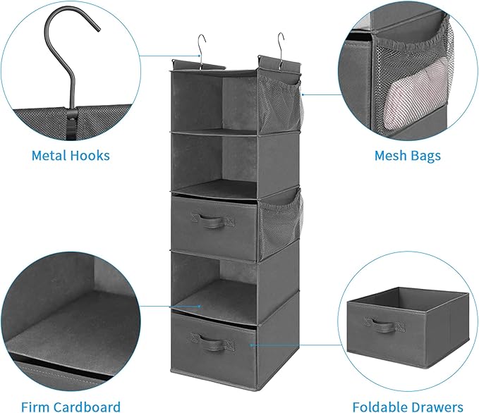 MAX Houser 5 Tier Shelf Hanging Closet Organizer, Cloth Hanging Shelf with 2 Sturdy Hooks for Storage, Foldable (Grey-D2)