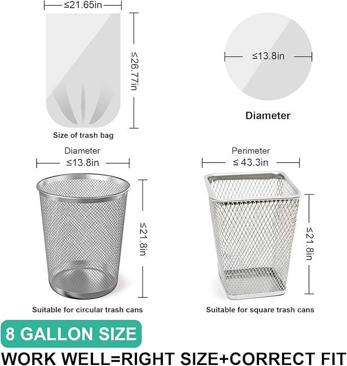 120 Count 8 Gallon Trash Bags Unscented - Thick Clear Medium Garbage bags, 30 Liter Strong Plastic Wastebasket Can Liners for Kitchen Home Bathroom Office