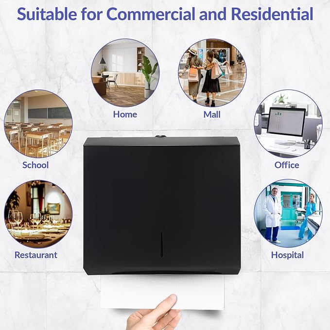Paper Towel Dispenser Wall Mount, Matte Black Stainless Steel Commercial Paper Towel Holder with Lock, Large Capacity 250 C Fold/300 Multifold Towels