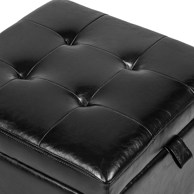 Adeco Storage Ottoman Foot Rest Stool, Leather Ottoman Footstool with Solid Wood Legs and Hinged Lid, 17.7" Small Foot Stool for Living Room, Bedroom