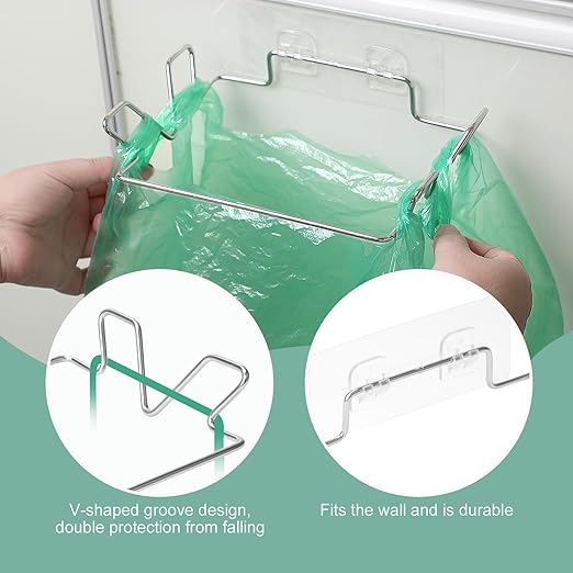 2 Pcs Stainless Steel Trash Bag Holder for Kitchen Cabinets Doors and Cupboards, Under Sink Bag Hanger, Portable Trash can, Waste Bins, Wall Adhesive Hanging Garbage Bins, With Wall Sticker Base