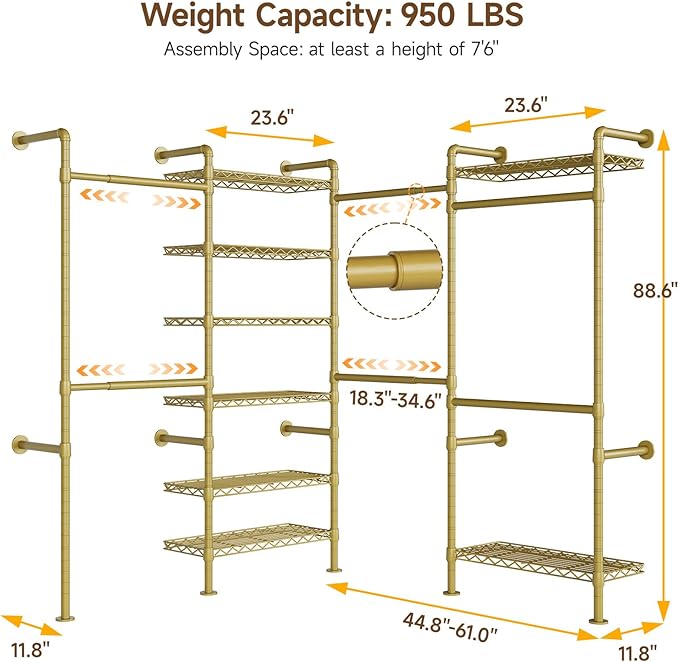 ONBRILL L4 Wall Mounted Industrial Pipe Clothing Rack, Closet Organizer System with 6 Hanging Clothes Rods ( 4 Expandable Rods) & 8 Shelves, Heavy Duty Corner Garment Rack, Large Wardrobe - Gold
