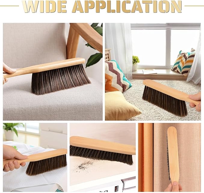 2 Pieces Woooden Dust Brush Hand Broom Bench Brush with Long Wood Handle Whisk Broom Soft Bristle Brush for Counter Bed Sofa Car Fireplace Clothes Household Cleaning(Brown)