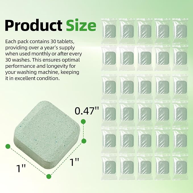 (30-Pack) Laundry Machine Cleaner, Washer Cleaner, for Front-Loaders, Top-Loaders, HE Machines, Easily Removes Residue, Septic Safe, Over a 12-Month Supply