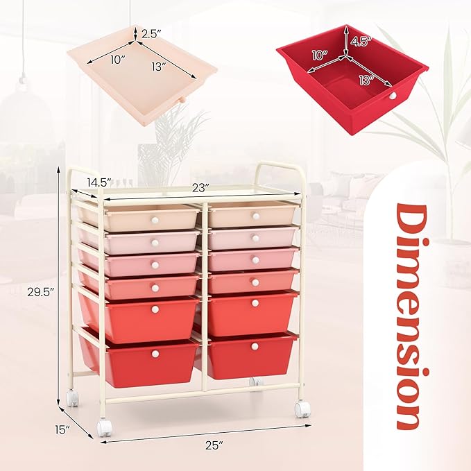 GOFLAME 12-Drawer Rolling Storage Cart, Multipurpose Organizer Cart with 2 Sizes Plastic Drawers, Mobile Utility Cart with Lockable Casters for School, Home Office, Beauty Salon, Gradient Pink