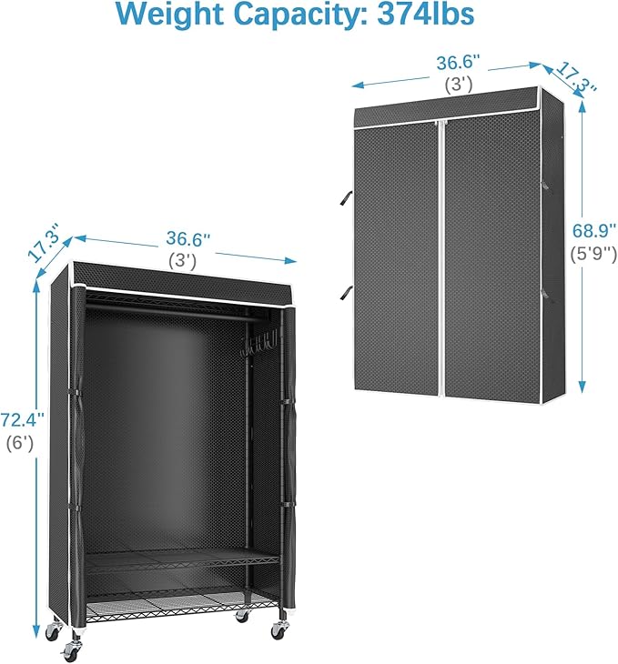 VIPEK R3C Rolling Clothes Rack with Cover Portable Closet for Hanging Clothes, Heavy Duty Garment Rack Freestanding Racks with Wheels&Side Hooks, Black Rack with Black Upgraded Polyester Cover